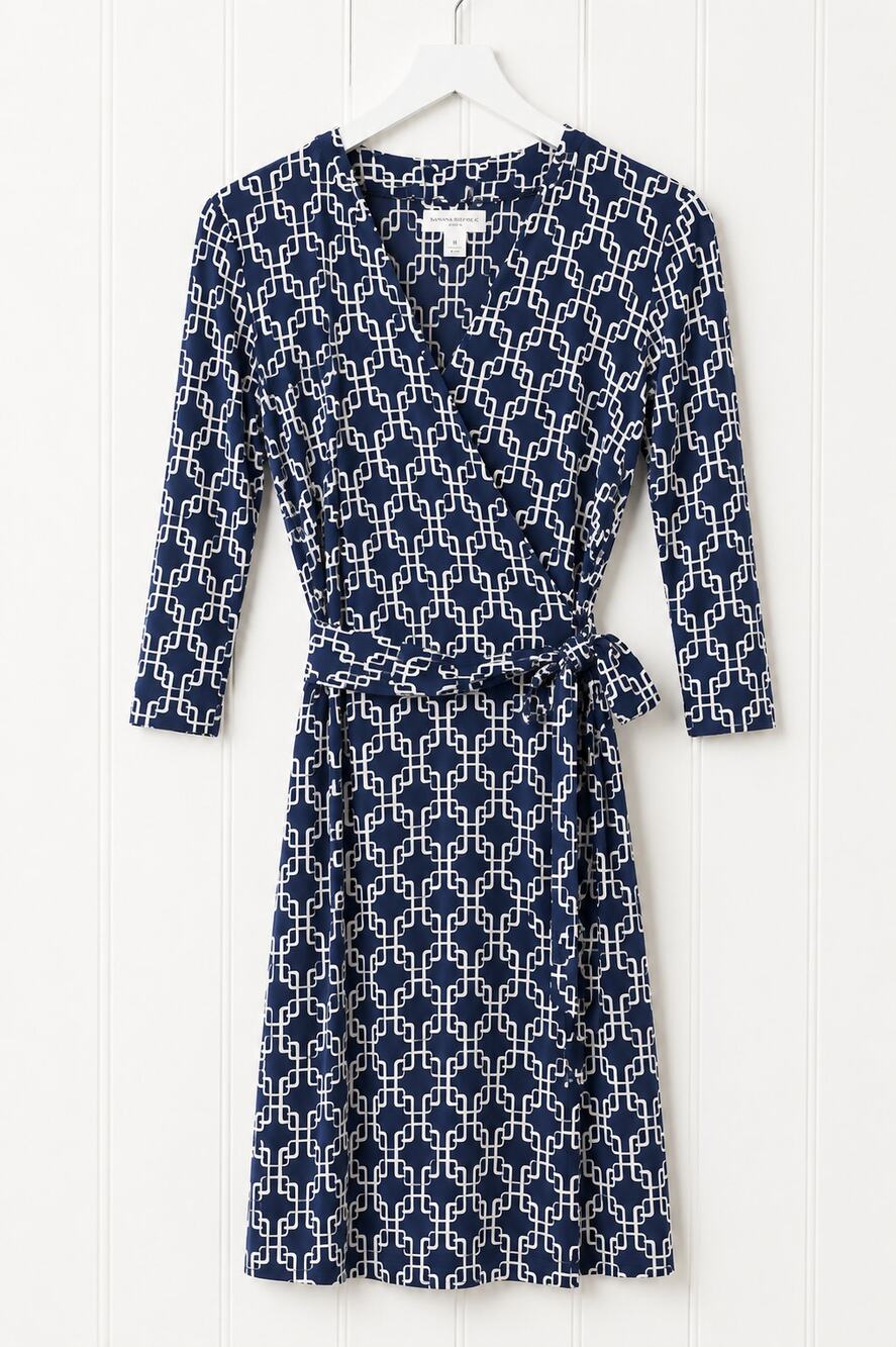 DM Collection Laurel Jersey Shirt Dress Women's 6 Navy Geometric Faux Wrap NWT